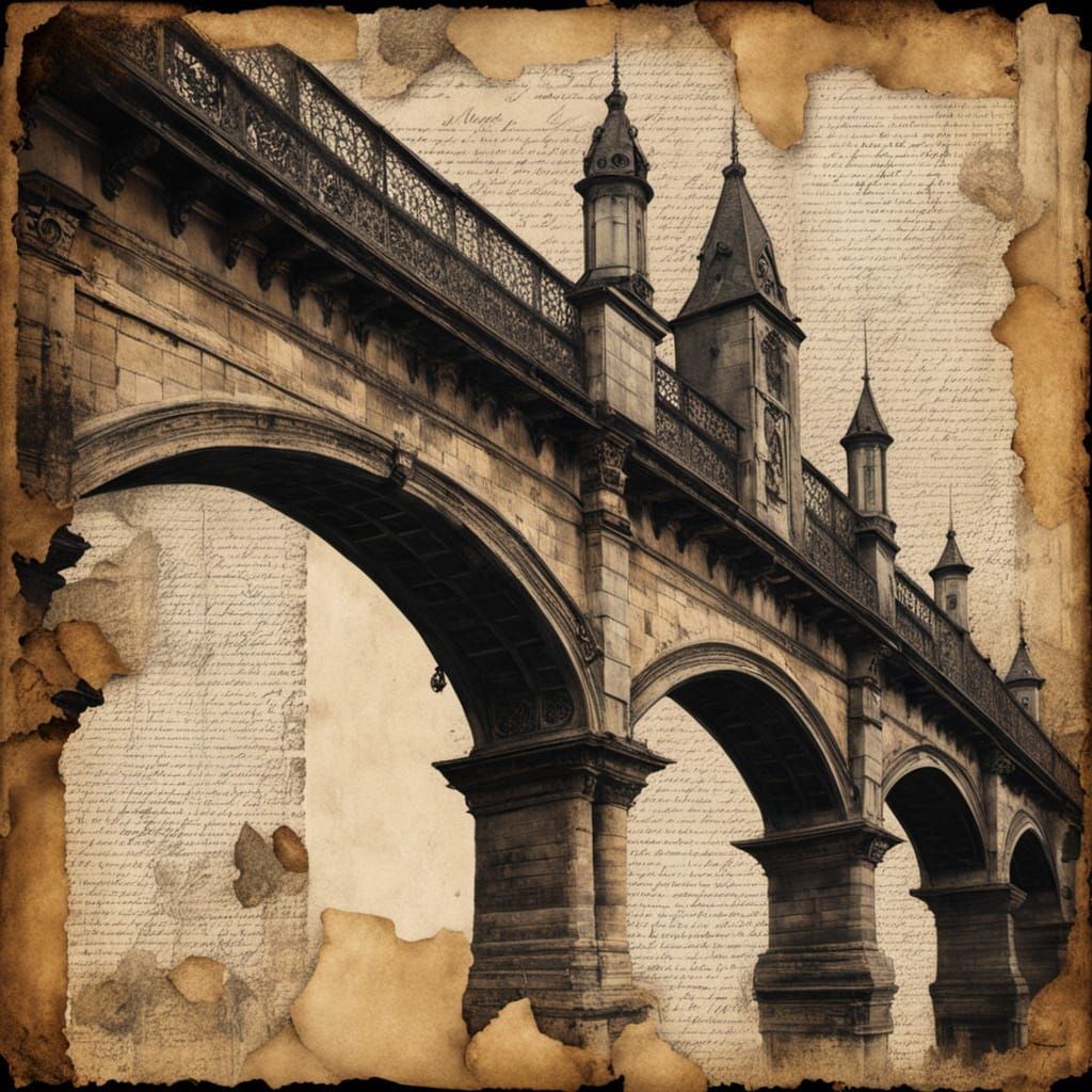Antique Collage of a Tudor Viaduct Bridge in Warm Golden Lig...