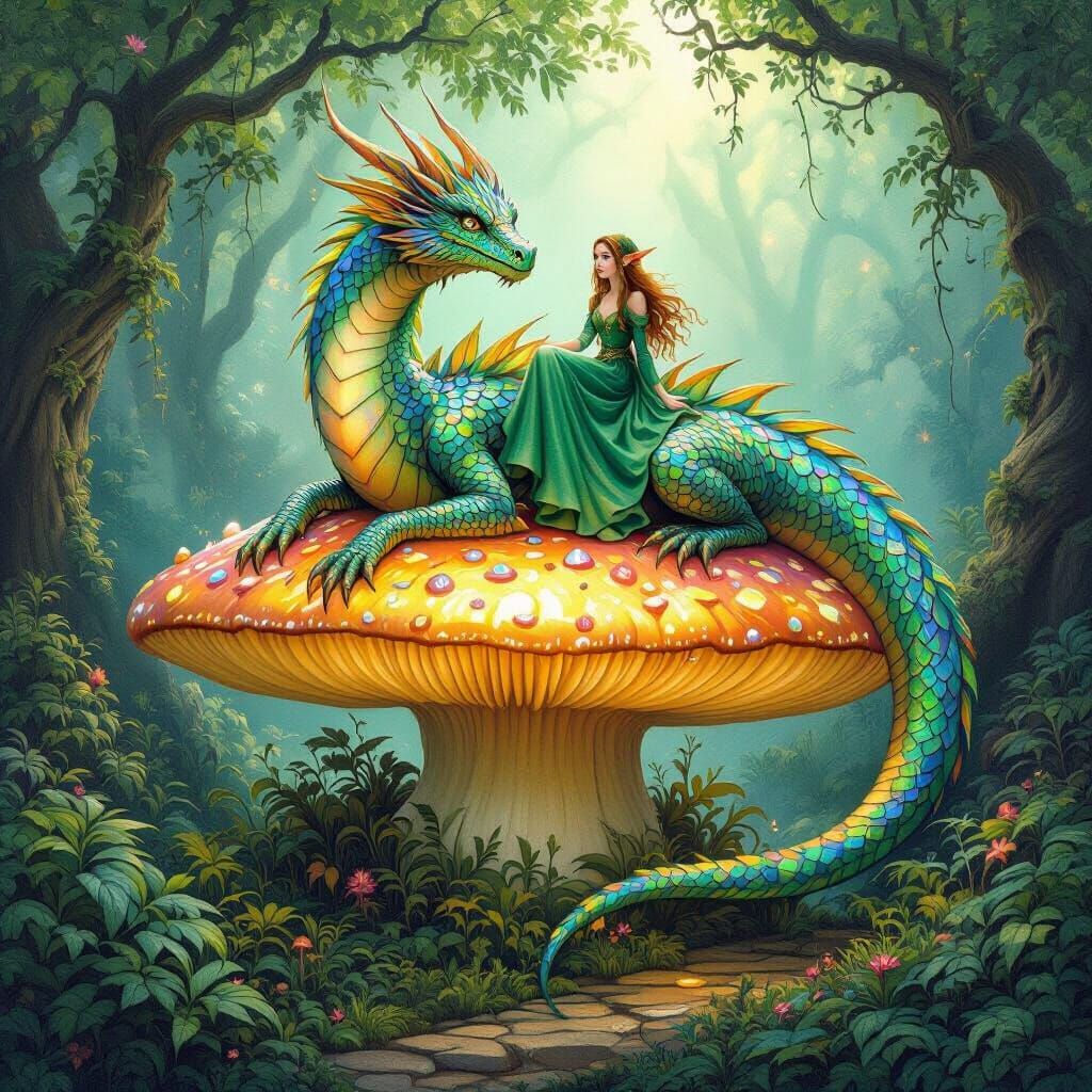 Mystical Dragon and Elf in Enchanted Forest