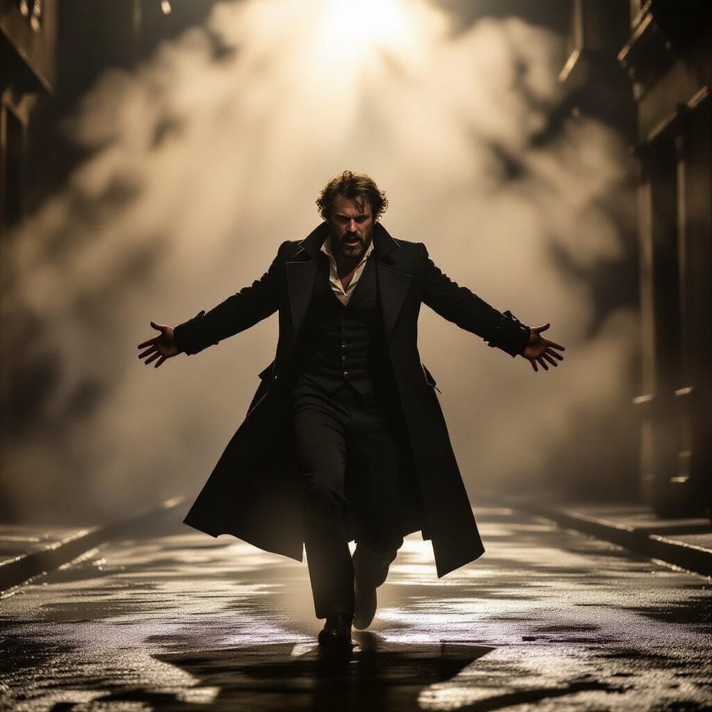 Jean Valjean Rescues Javert in Shadowy Cinematic Scene