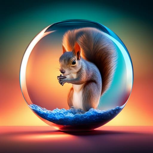 Squirrel in Water Globe: Hyperrealistic Mirror Effect