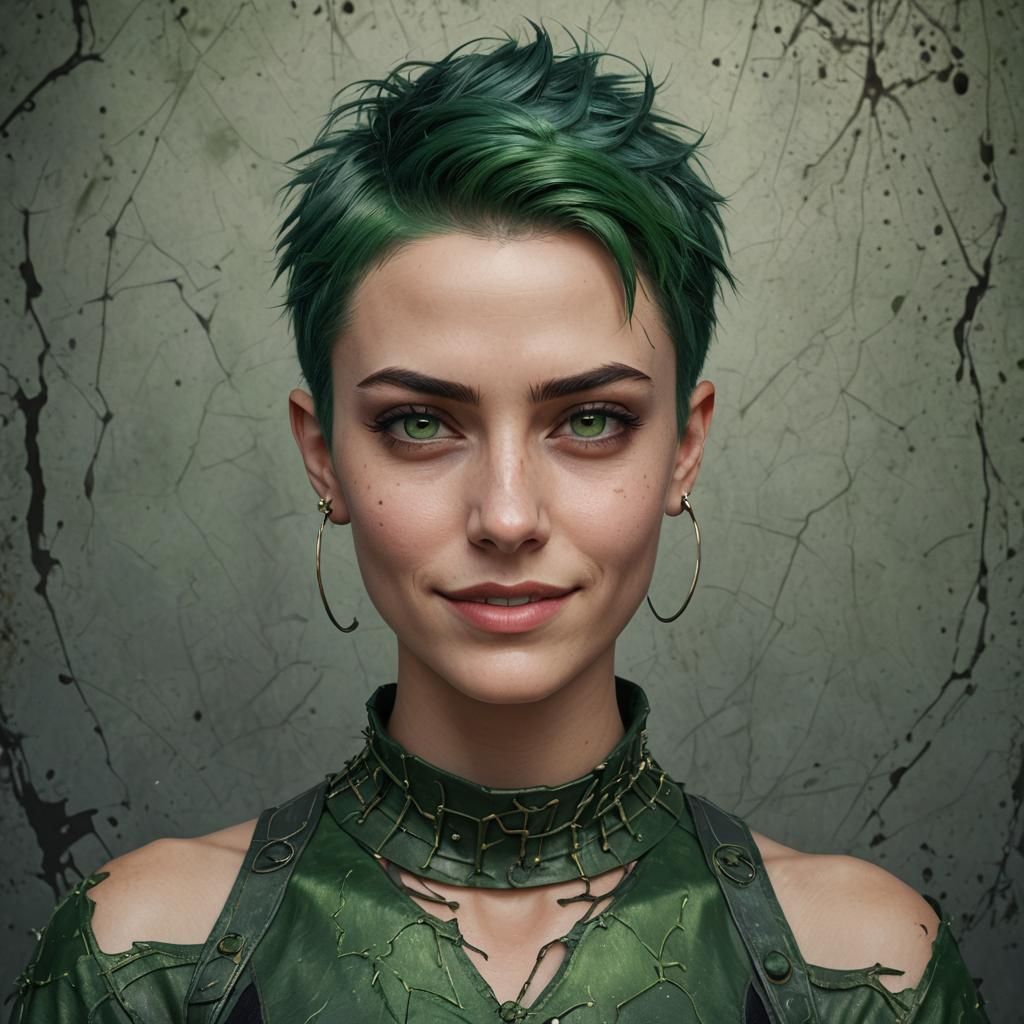 Hyperrealistic Portrait of a Green-Haired Woman