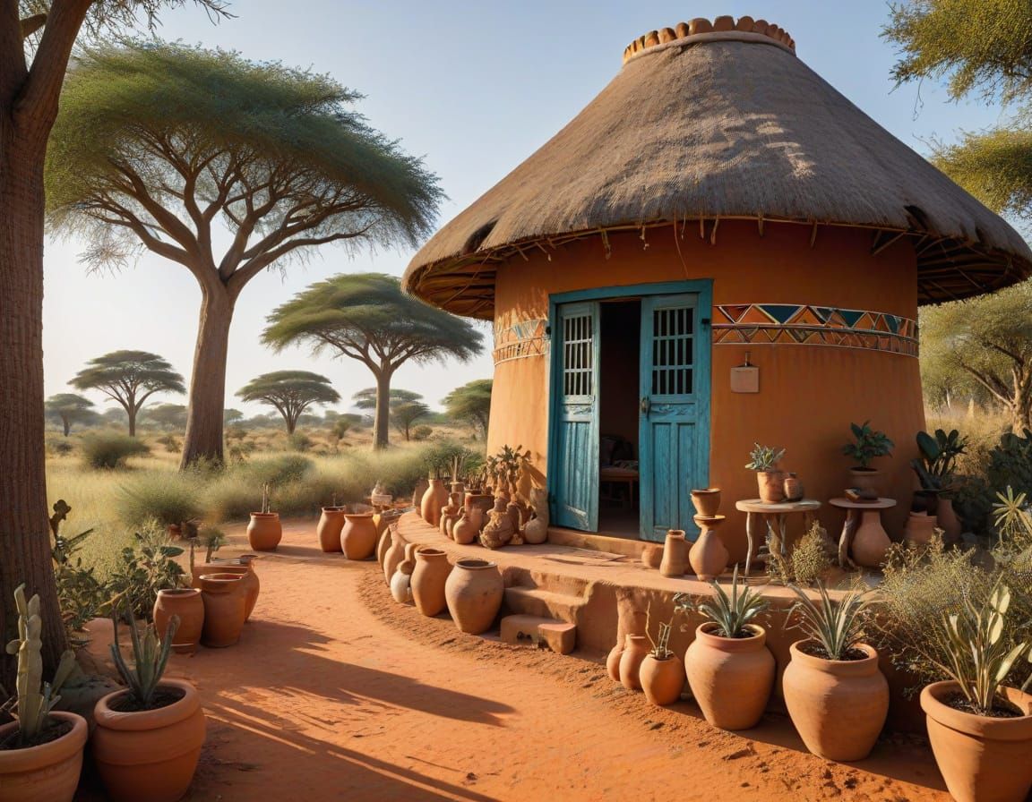 African Homestead in Savanna: Folk Art Style