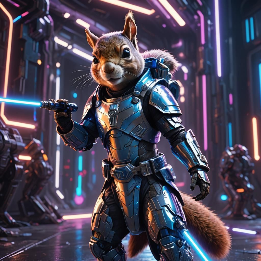 Armored Squirrel with Lightsaber in Sci-Fi Scene
