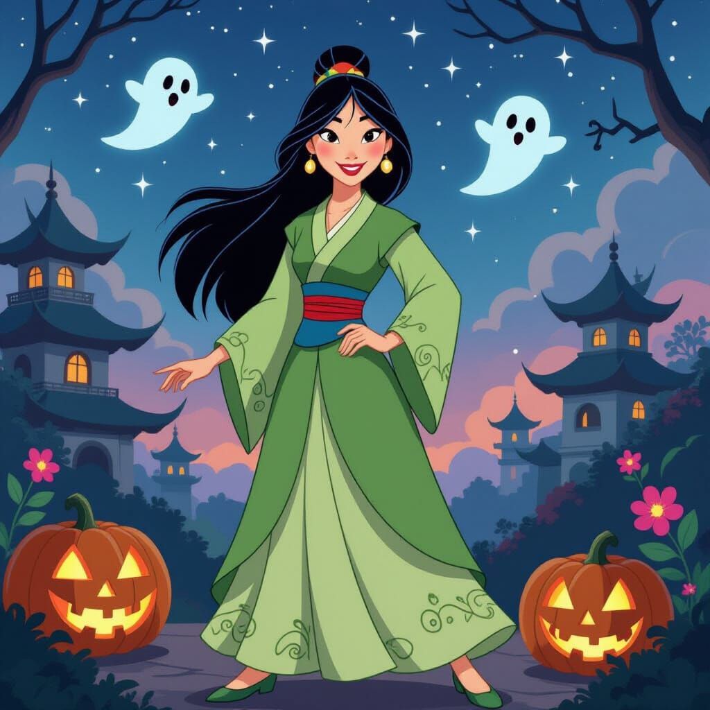 Princess Mulan Heroic Pose with Halloween Accents