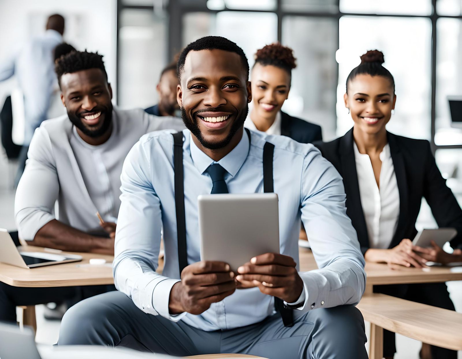 Smiling Businessman Holding Tablet in Office