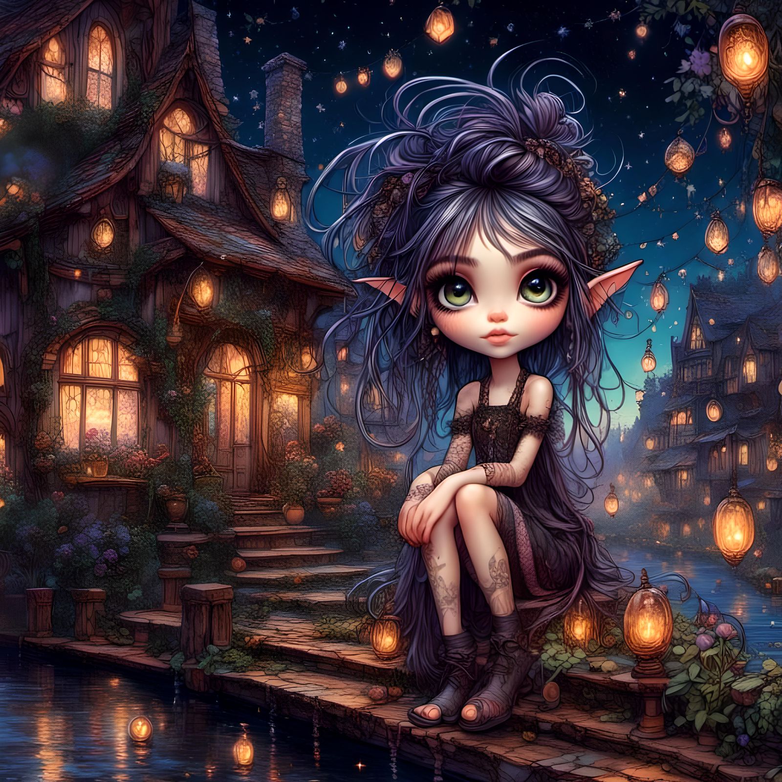 Whimsical Witchy Pixie Girl in Night Cottage Scene
