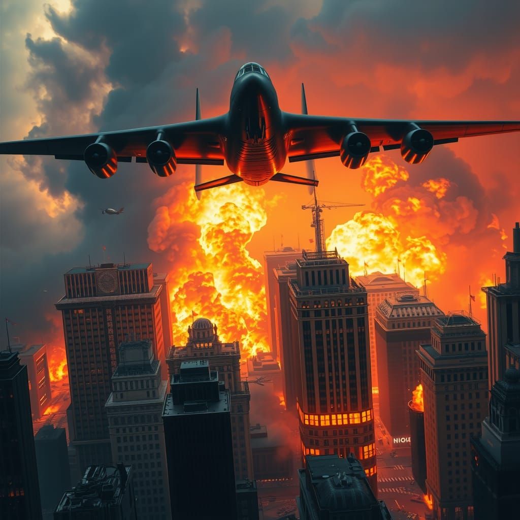 B-52 Soaring Over Burning Wall Street