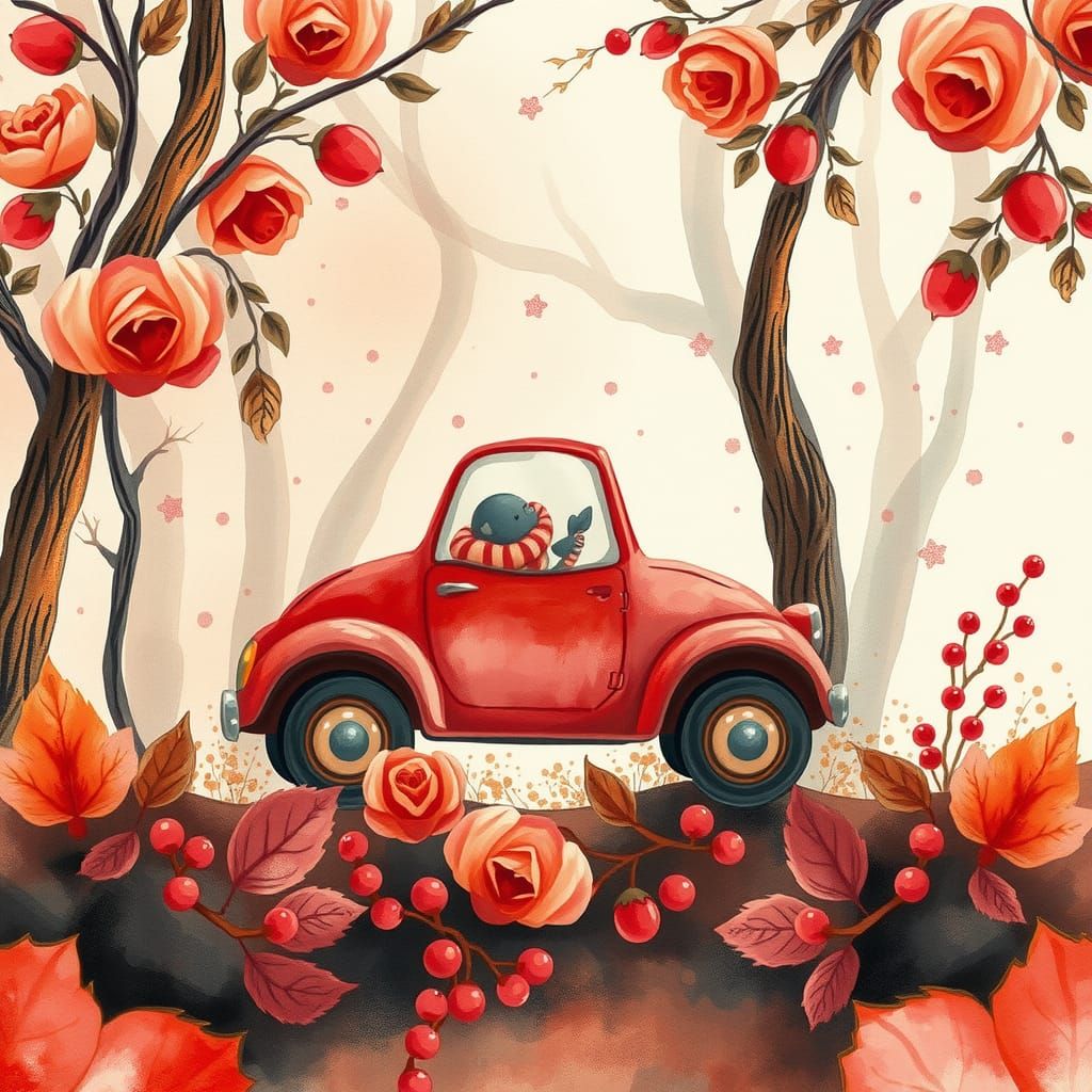 Red Toy Car Napping in Red Rose Woodland Watercolor