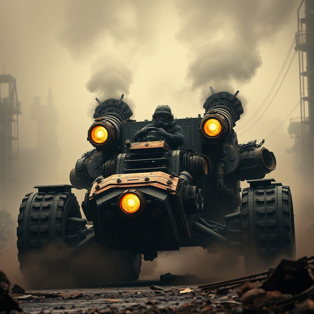 Cyberpunk Survivor Navigates Ruins in Heavy Armor