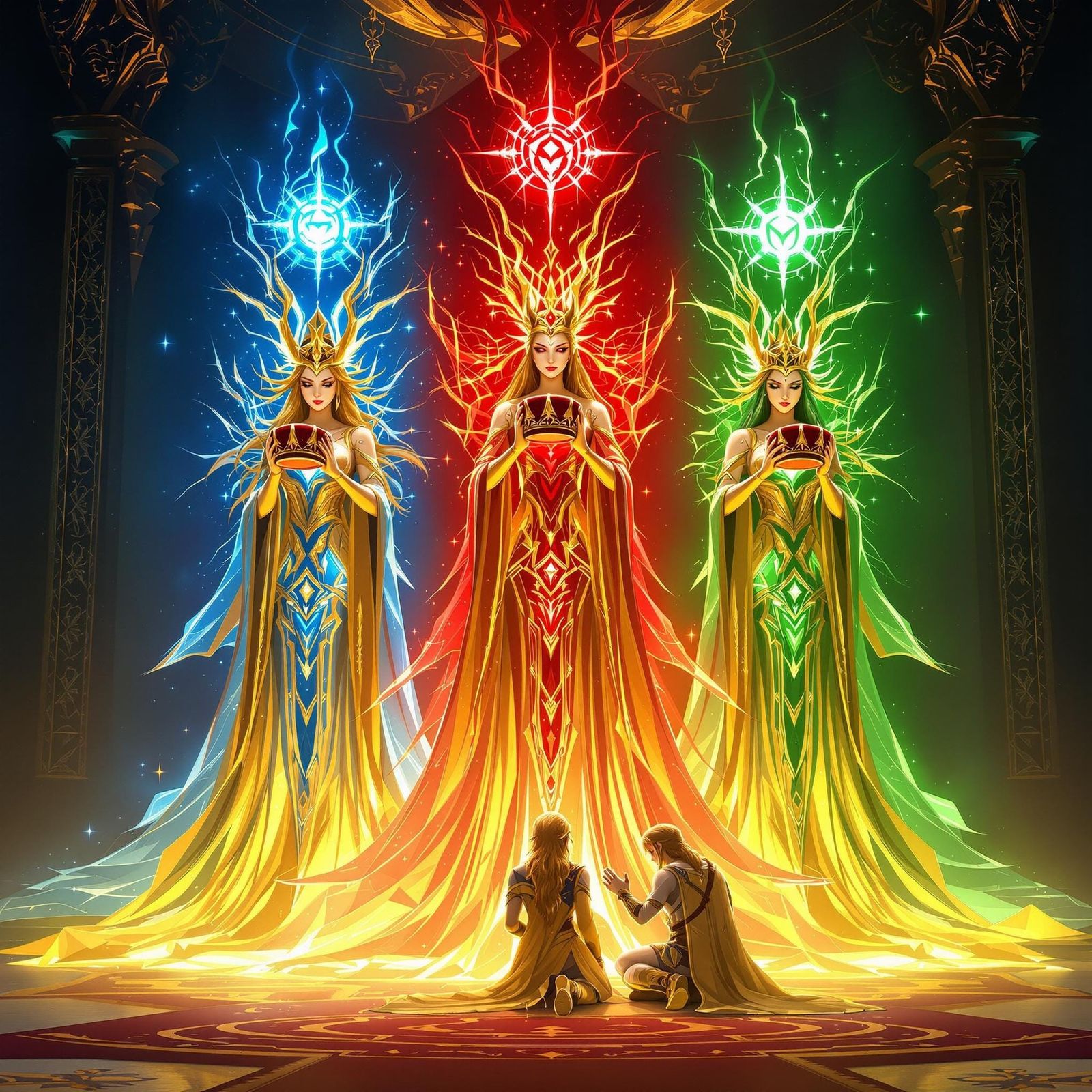 Three Golden Goddesses in Fiery Coronation, Inspired by Brea...