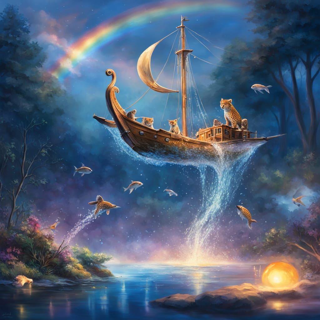 Whimsical Fantasy Landscape with Leopard Cubs and Rainbow Br...