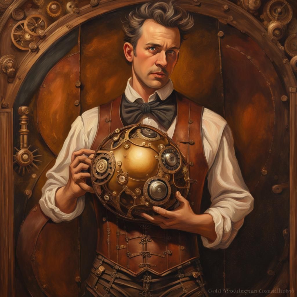Steampunk Man with Orgasmatron Orb Oil Painting