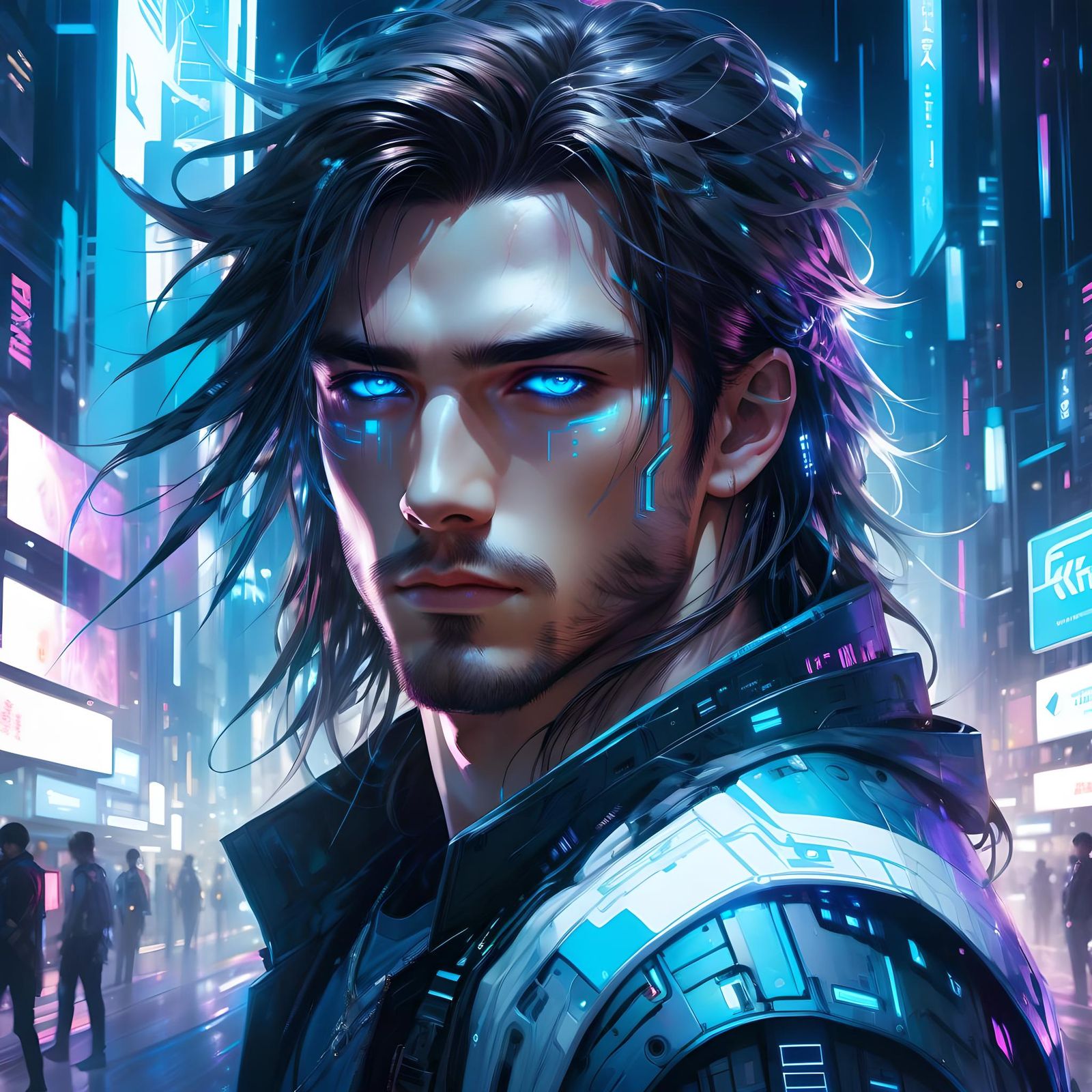 Handsome Cyberpunk Man with Blue Eyes