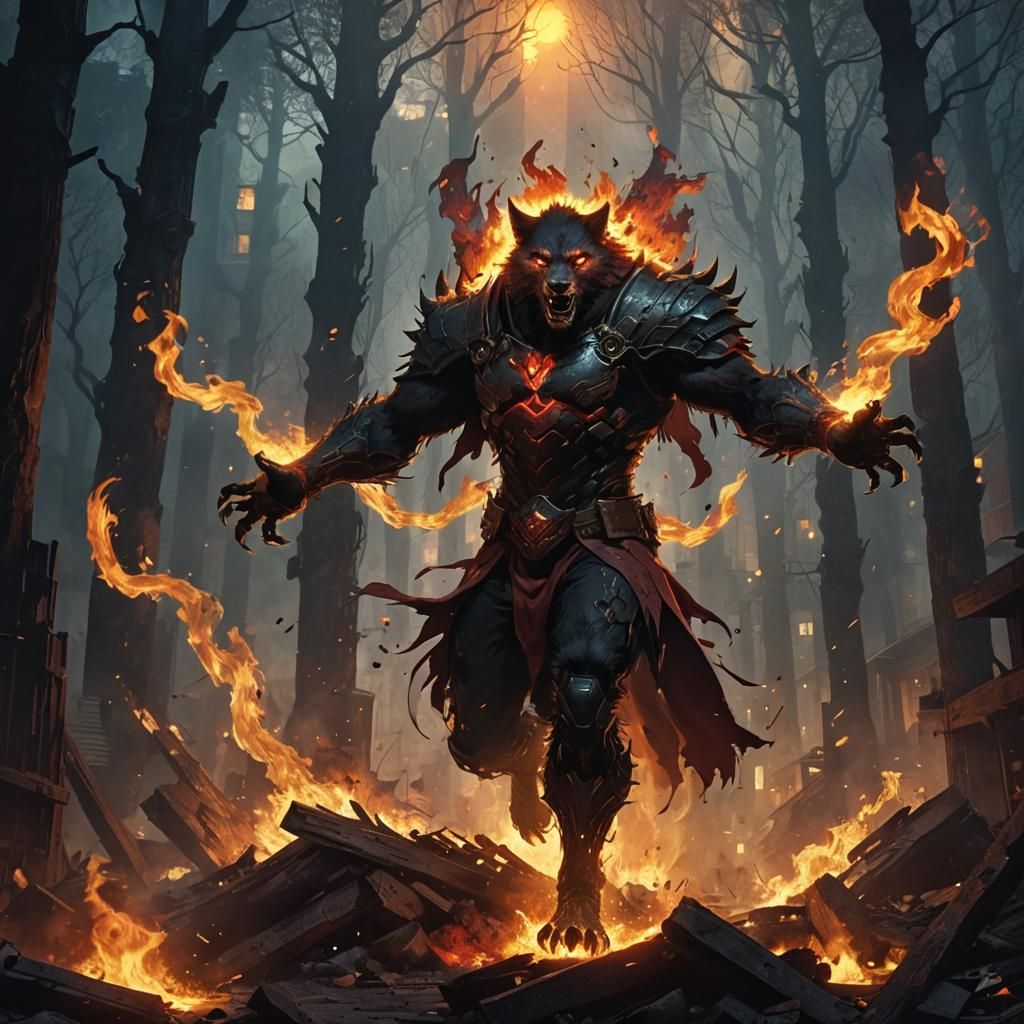 Werewolf Battles Wrath in Fiery City, Dramatic Concept Art