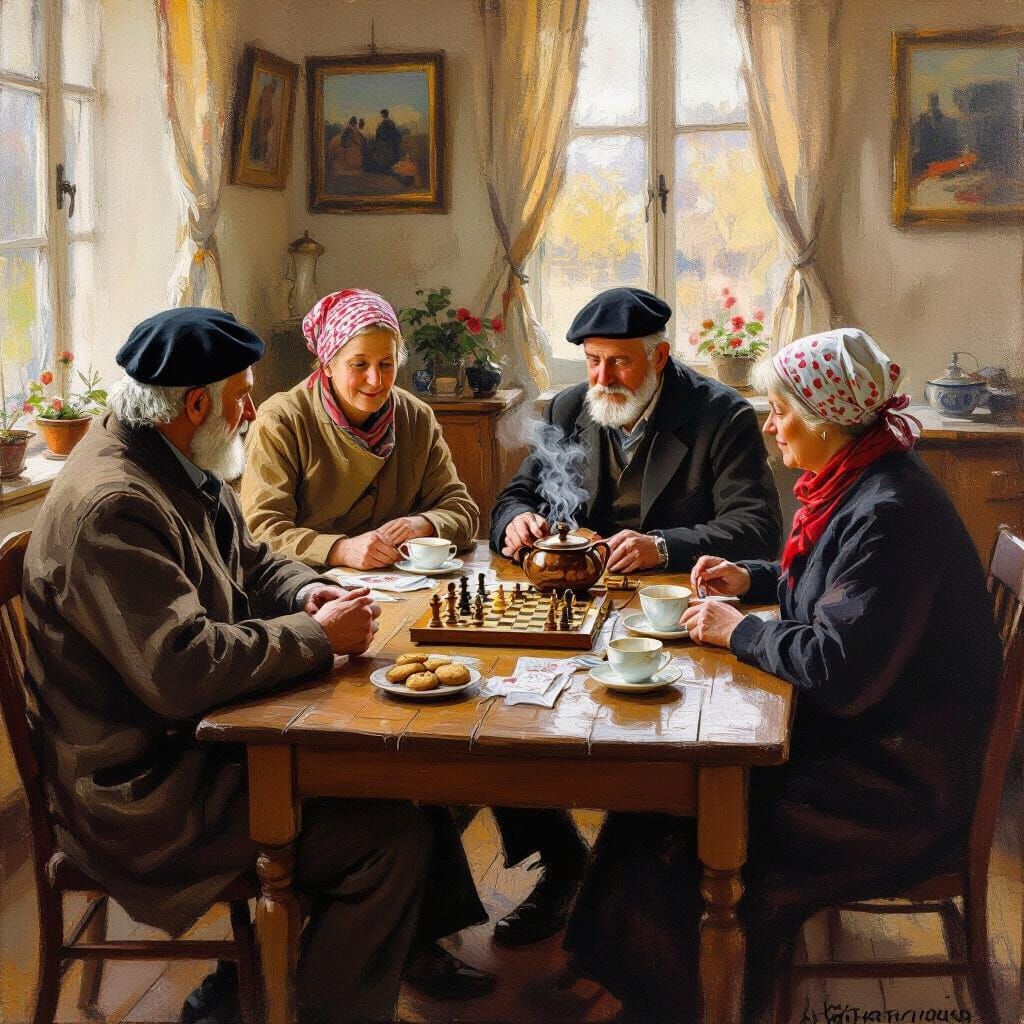Elderly Couples in Cozy Home, Impressionist Style