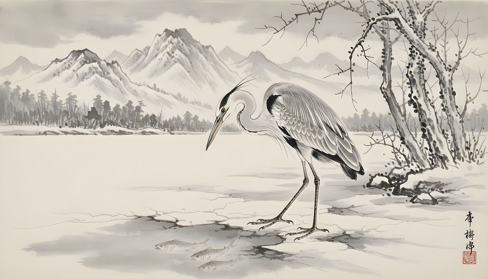 Gray Heron Hunts on Lake Biwa in Sumi-e Style