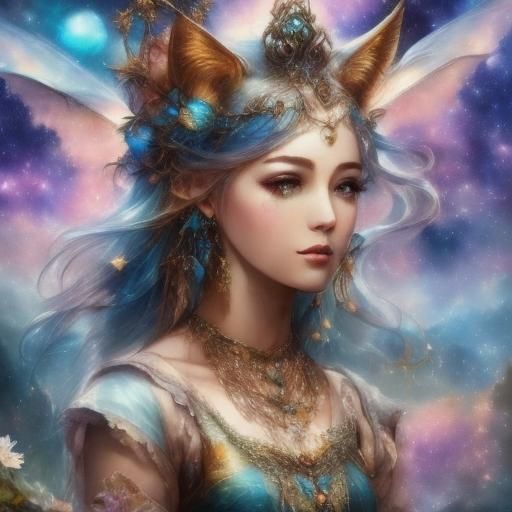 Anime Girl with Baby Dragon in Cosmic Landscape