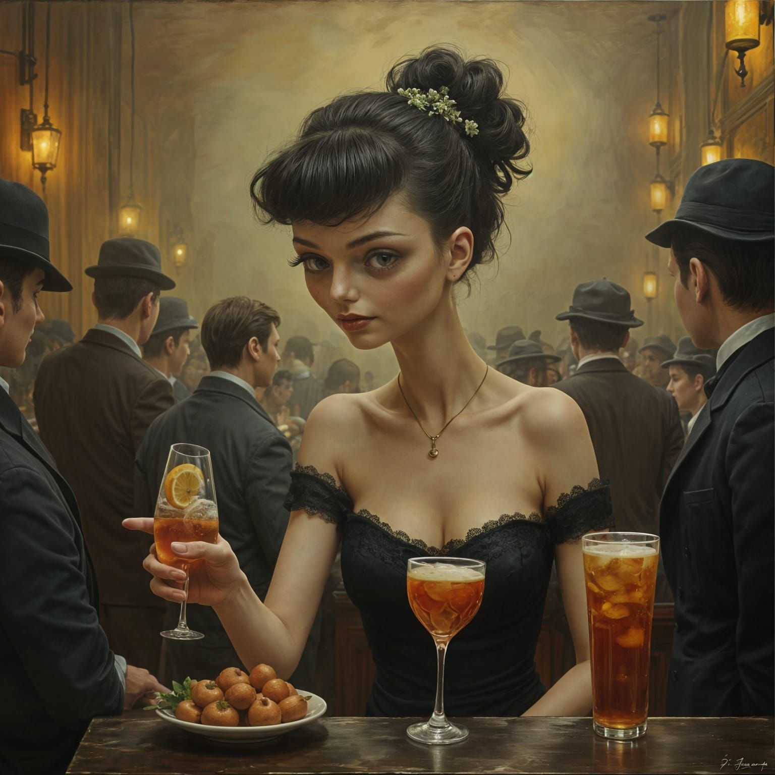Surreal Bartender in a Whimsical Pub Painting