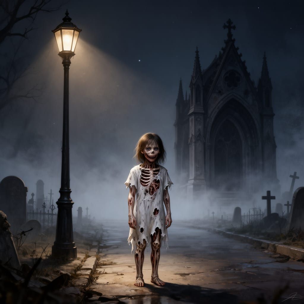 Eerie Zombie Girl on Foggy Street