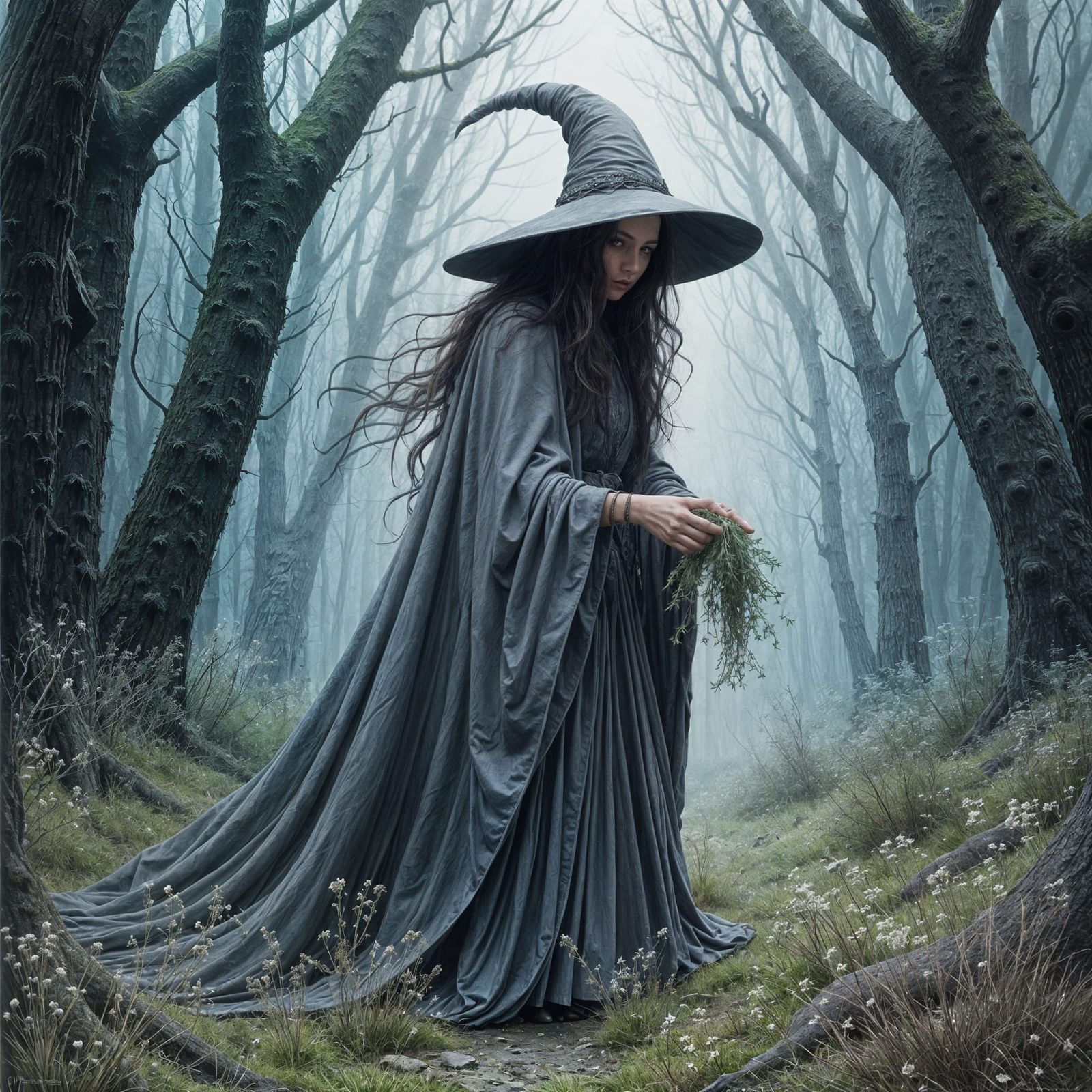 Witch Gathering Herbs in Misty Forest, Pastel Illustration