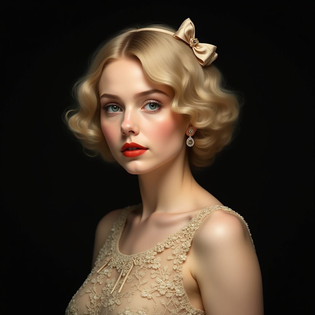 Art Nouveau Portrait of Woman with Blonde Hair and Red Lips