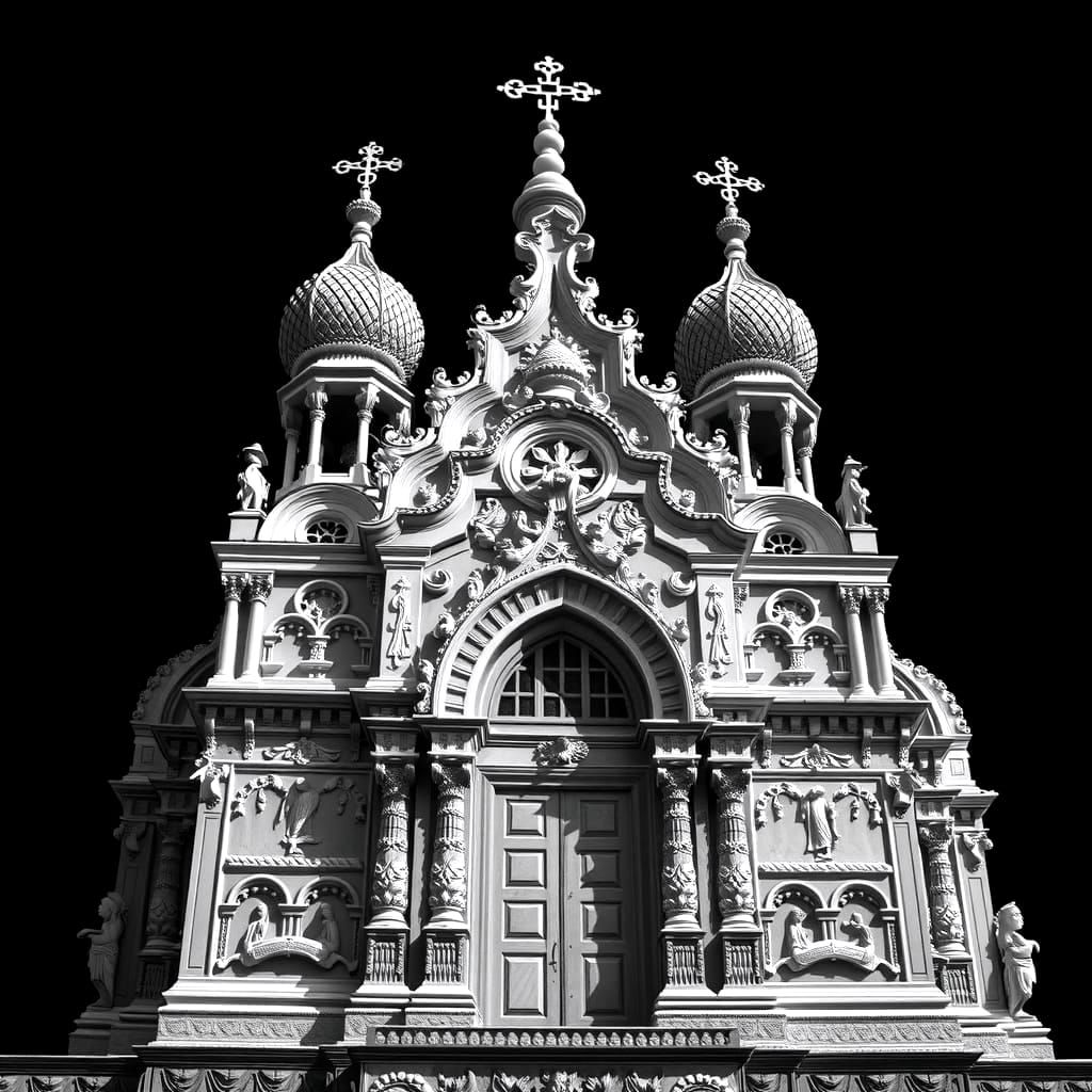 Surreal Black and White Orthodox Church Relief in Hyperdetai...