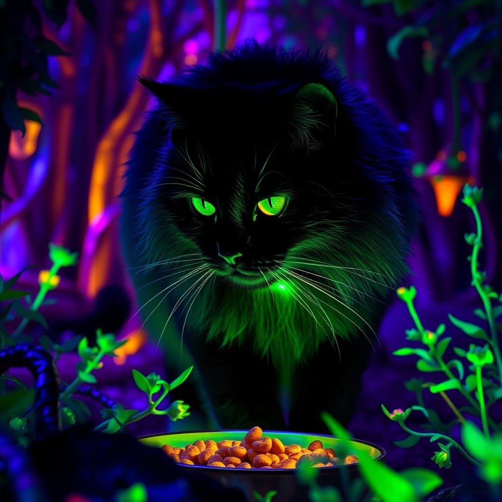 Black Cat in Fluorescent Forest, Dark Fantasy Art
