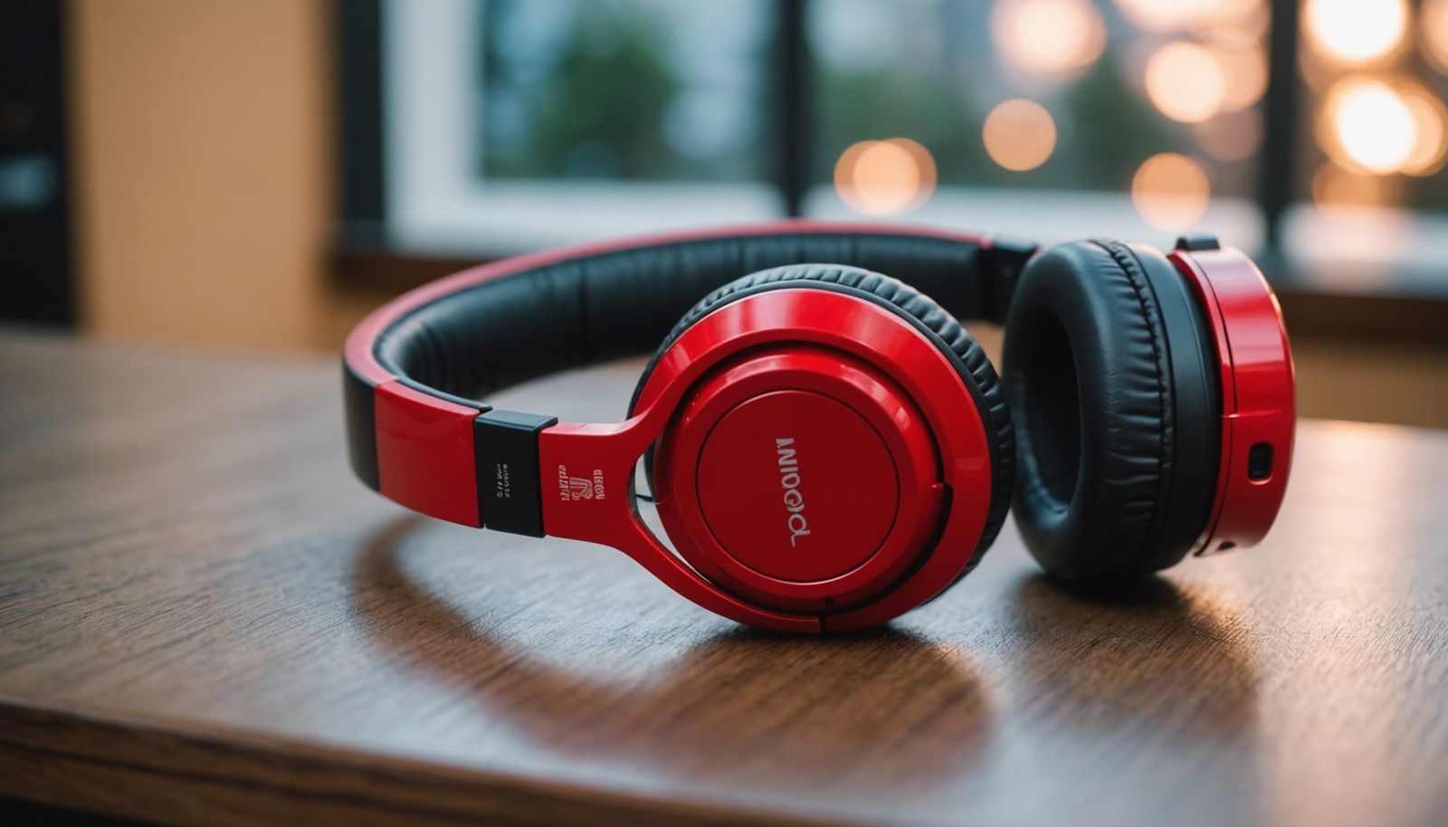 Vibrant Red Headphones on a Table in Professional Lighting