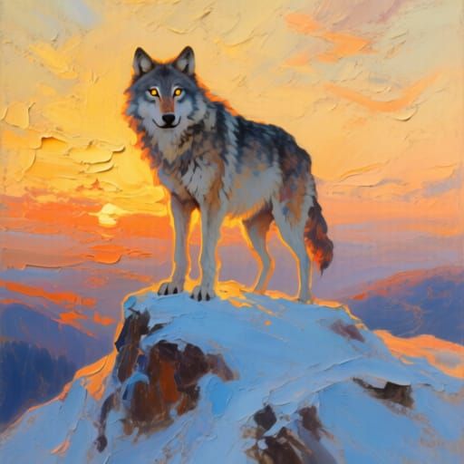 Lone Wolf in Golden Hour Light on Snowy Peak