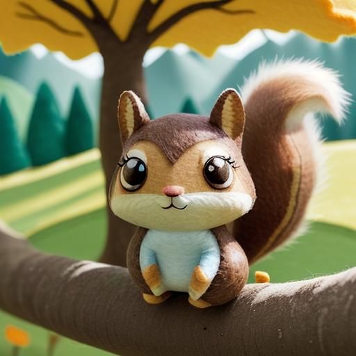 Felt Chibi Squirrel with Acorn in Spring Landscape