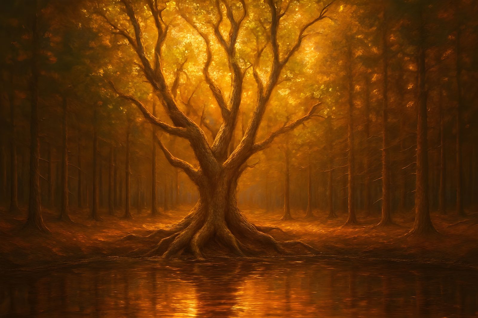 Golden Hour Oil Painting: Whimsical Pond Reflections