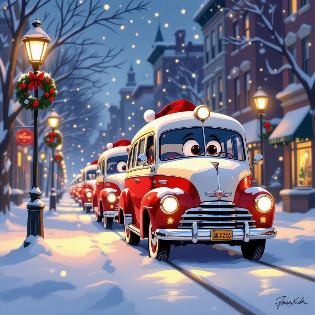 Santa Cars Line a Snowy Street in Whimsical Concept Art