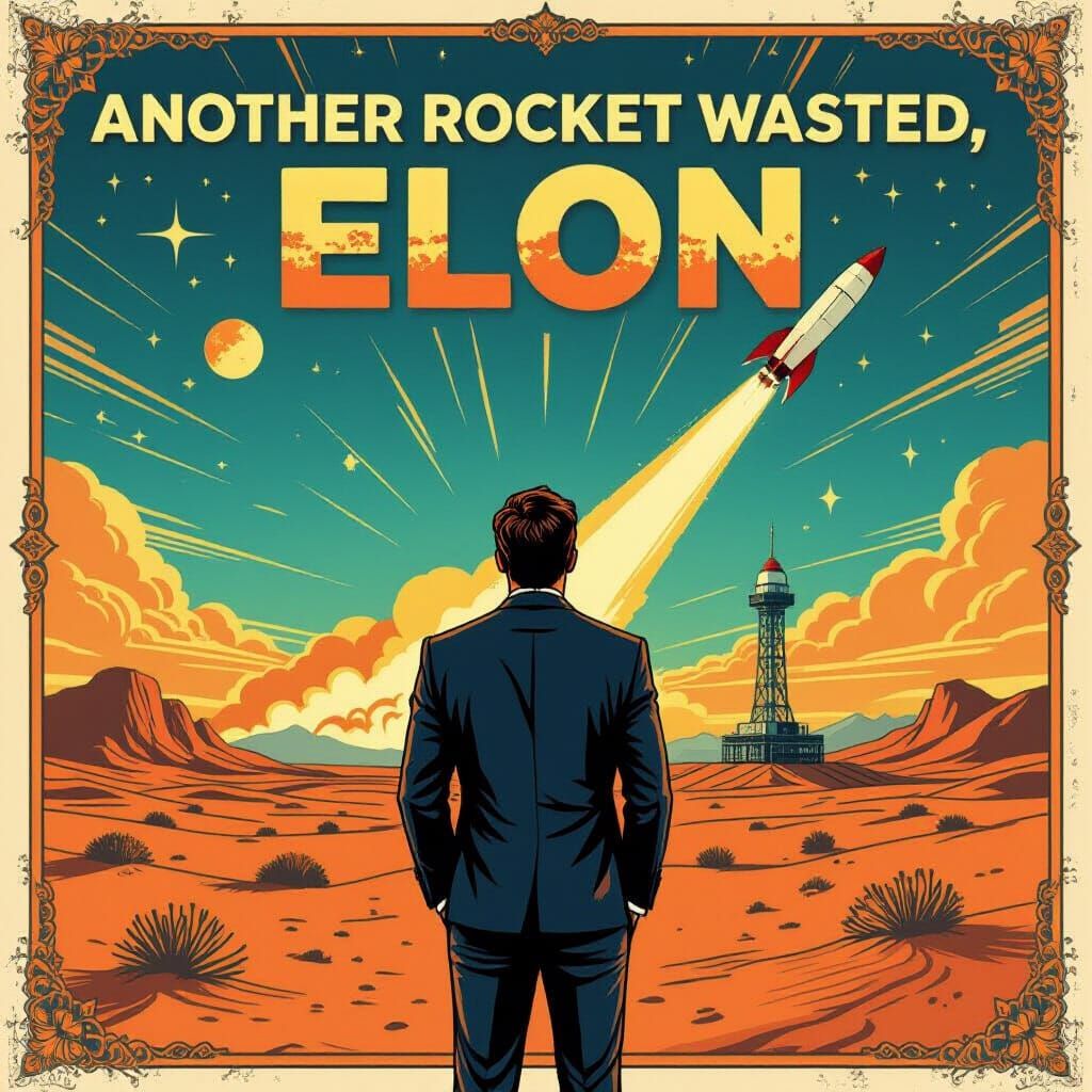 Elon Musk Rocket Launch Failure in Graphic Novel Style