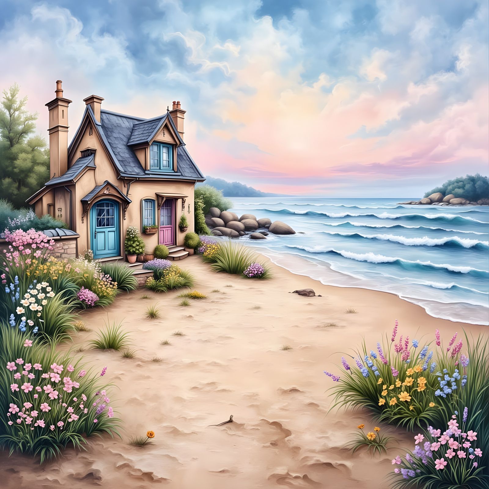 <lora:Romantic Paris:1.0> <lora:France Style:1.0> <lora:Alchemie Wizard:1.0> A painting tranquil beach scene at dawn, wi...