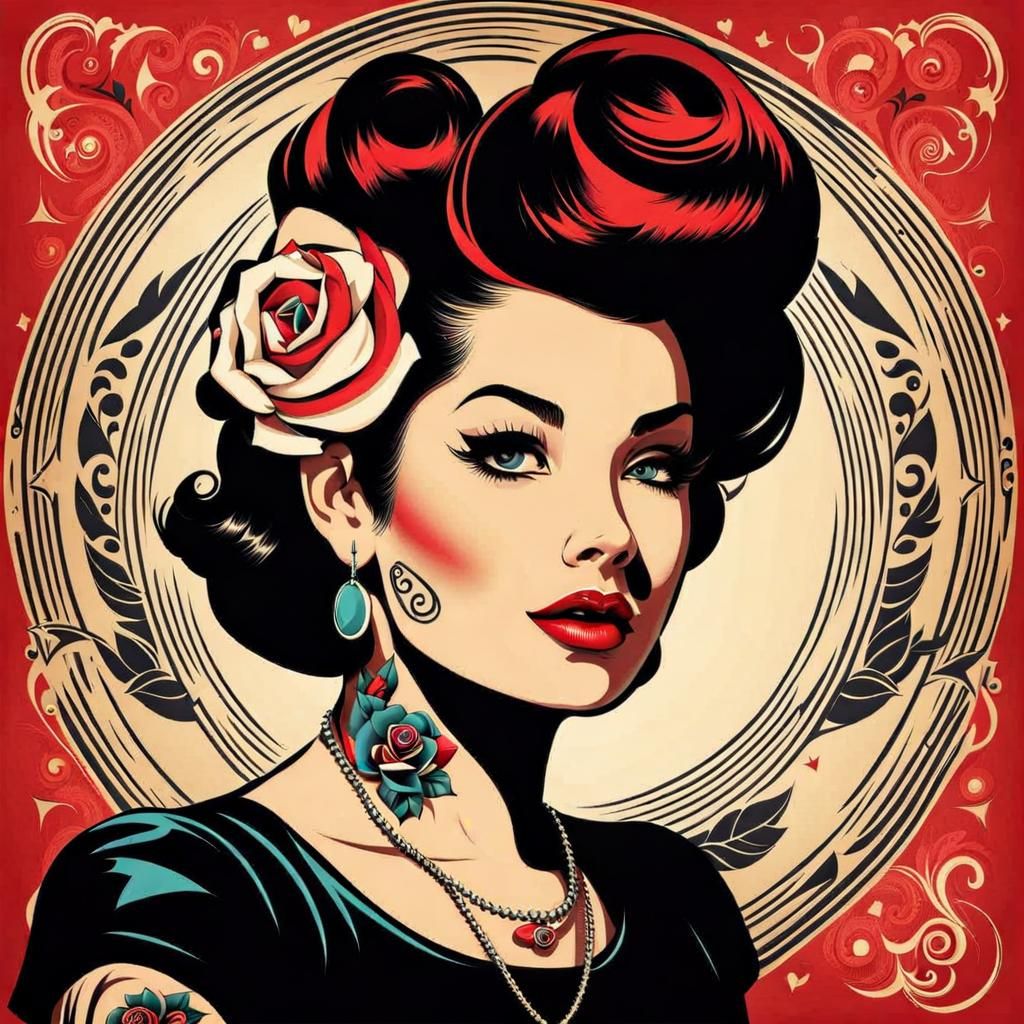 Retro poster rockabilly girl with rose tattoos