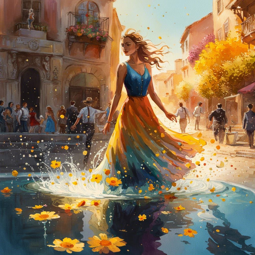 Woman Dancing in Fountain: Watercolor Art