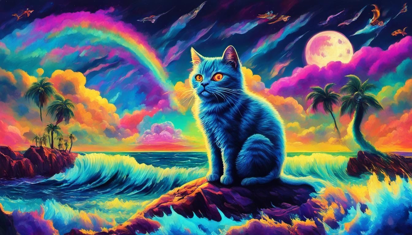 Night Cat Surfing: Surreal Cyberpunk Dreamscape