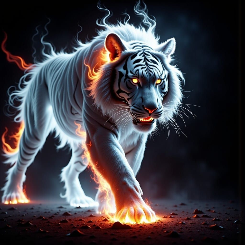 Fiery Tiger Ethereal Flames in Dark Mystical Realm