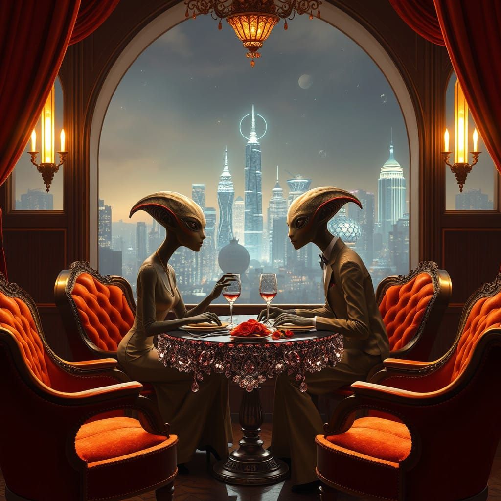 Elegant Aliens Dine in a Futuristic, Dreamlike Restaurant
