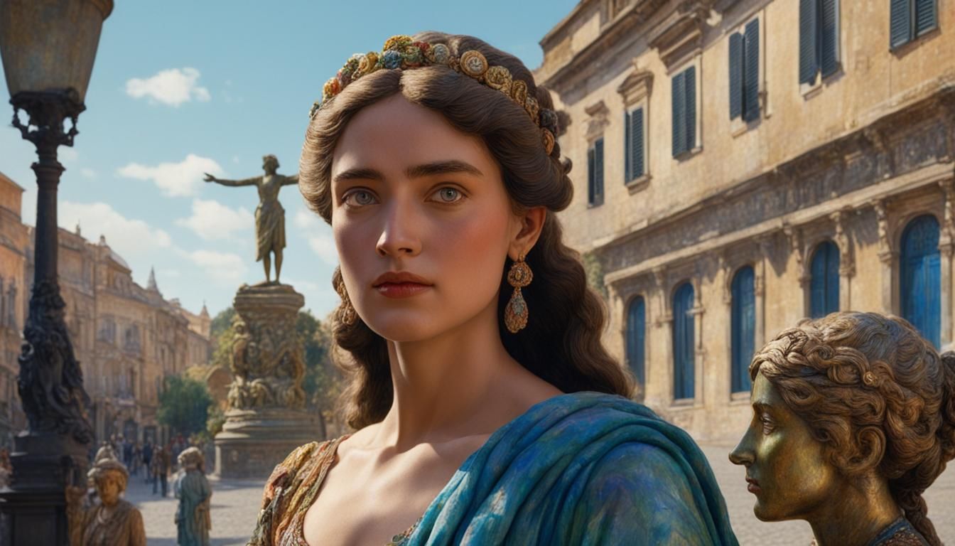 Mesmerized Woman in Town Square: Symbolist Portrait