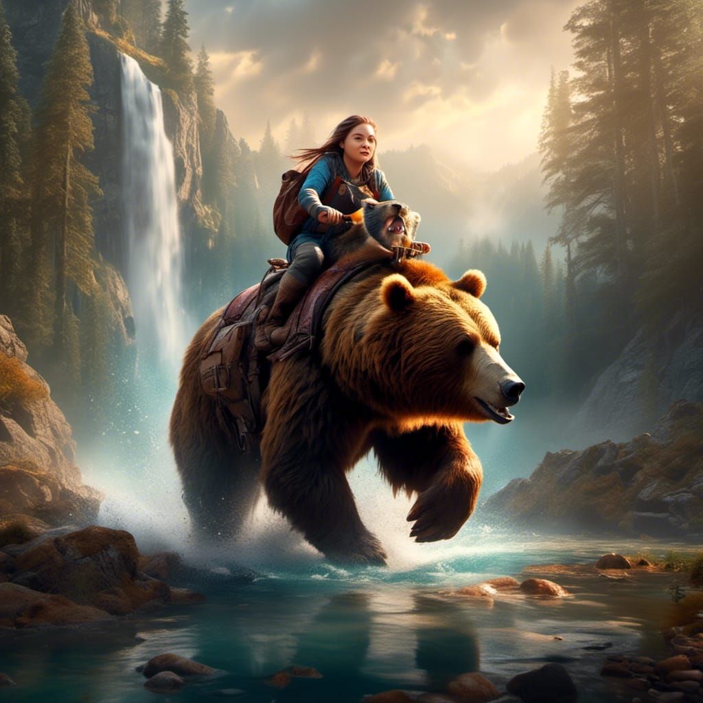 Dwarf Woman Rides Bear in Hyperrealistic Style