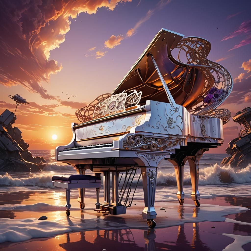Sci-Fi Grand Piano Floating at Sunset