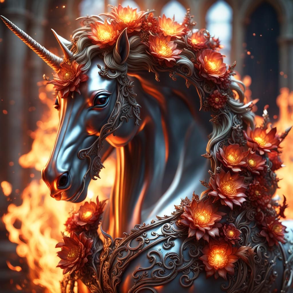 Fiery Unicorn with Metal Flowers Fantasy Art