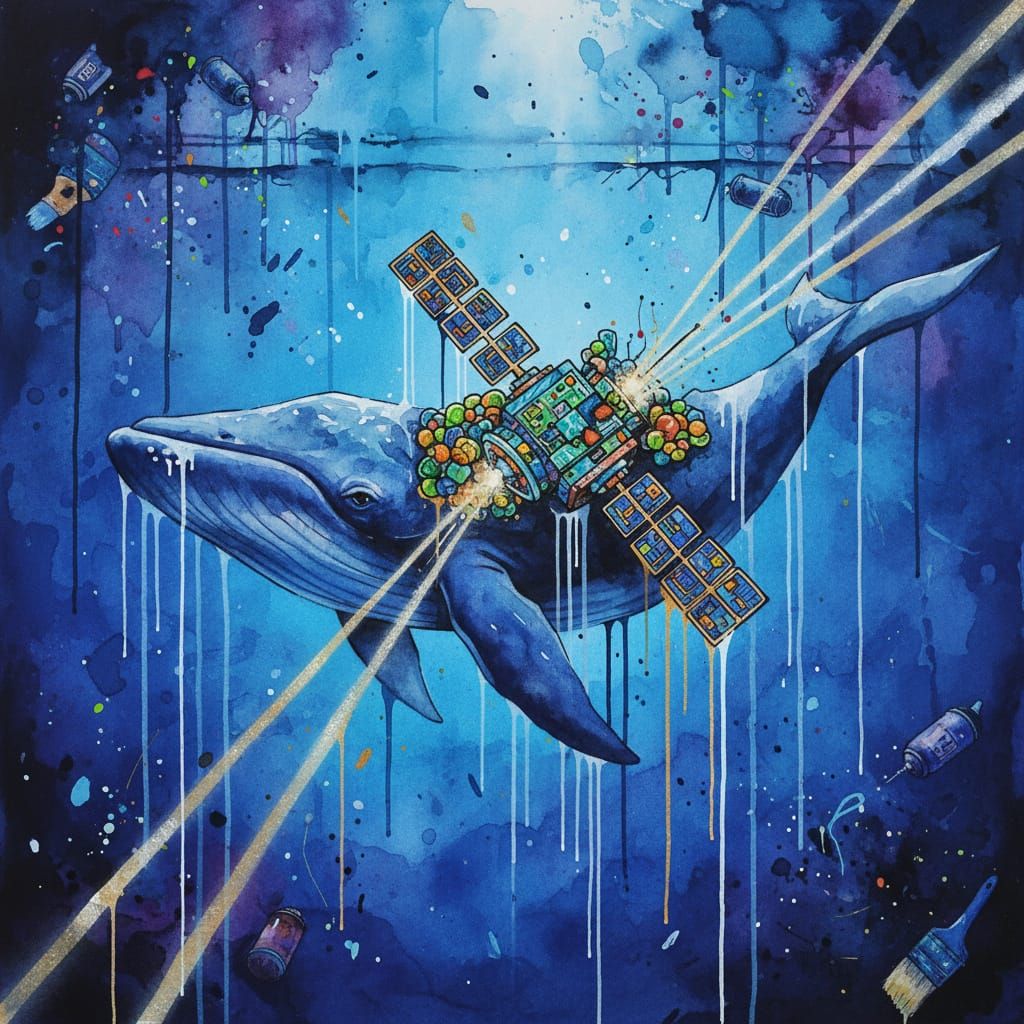 Surreal Whale with Satellites in Watercolor and Graffiti Sty...