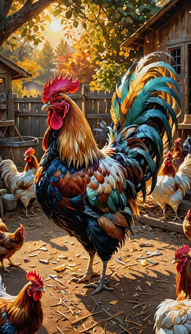 Musical Rooster with Translucent Plumage, Oil Painting