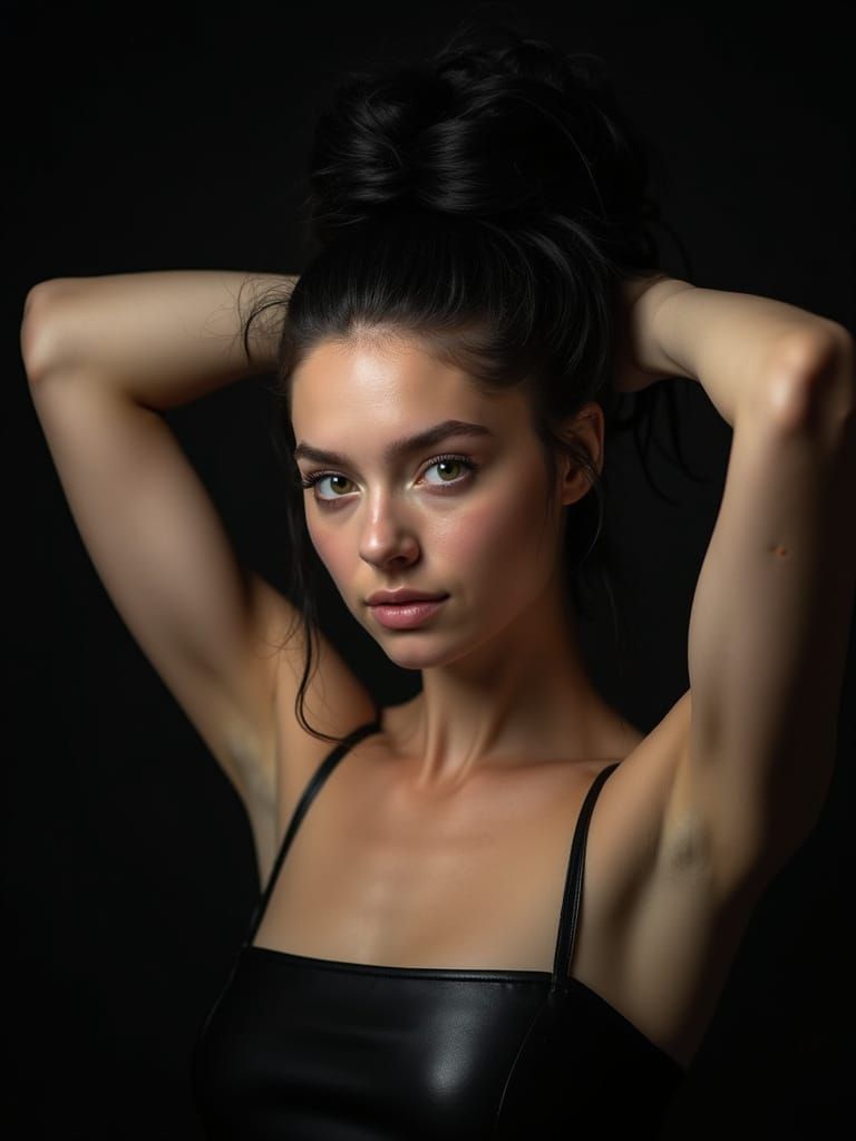 Photorealistic Portrait of Woman Styling Hair in Studio