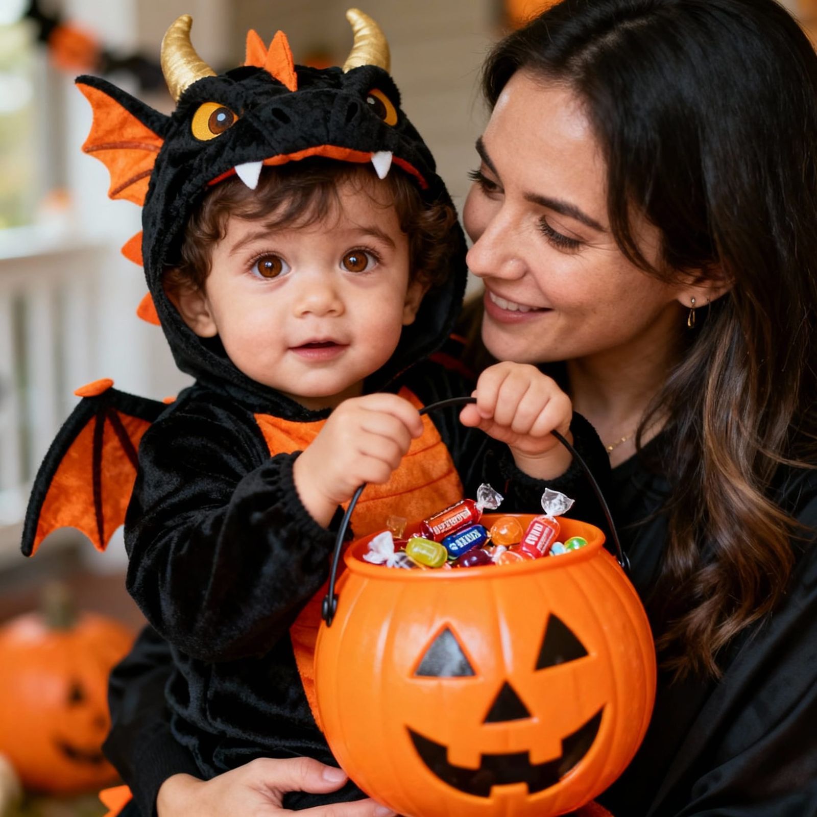 Mother Holds Dragon Costume Child With Candy Bucket