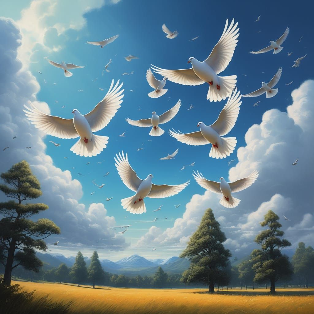 Hyper-Realistic Doves in Flight Amidst Serene Landscape