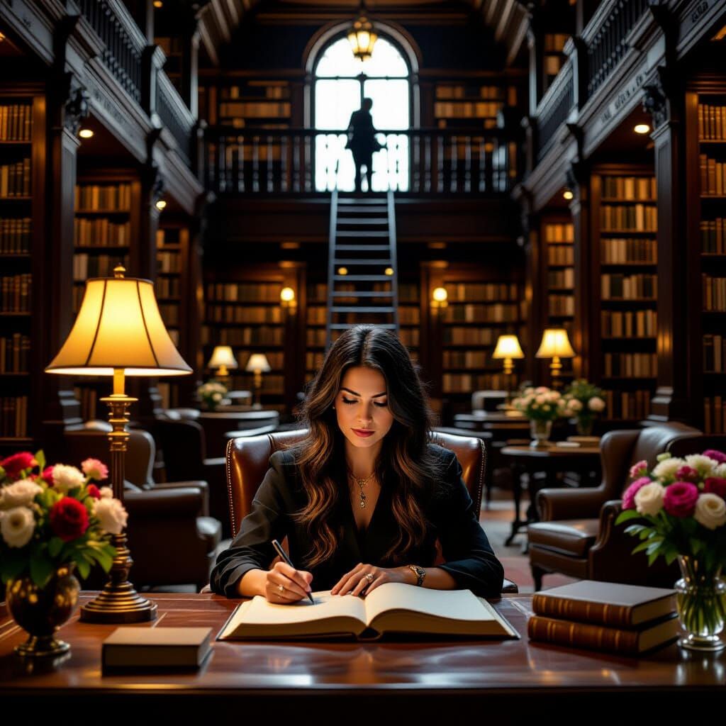 Woman Writing in Old Library, Warm Light, Oil Painting Style