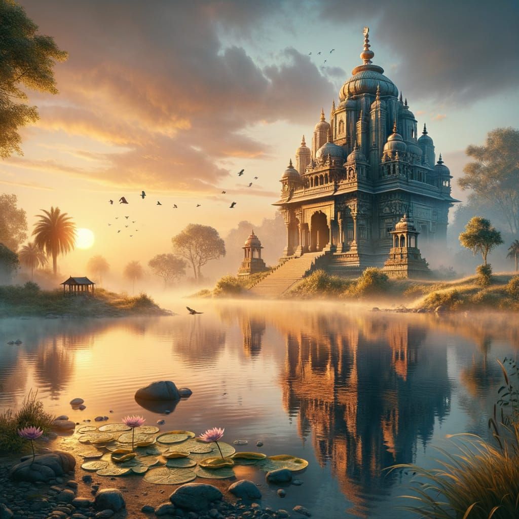 Hindu Temple at Sunrise: Surreal Fantasy Landscape
